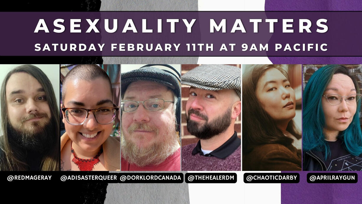 Promotional image displaying siz headshots over an asexual flag colored background. The text reads "Asexuality Matters. Saturday Febrary 11th at 9am Pacific"